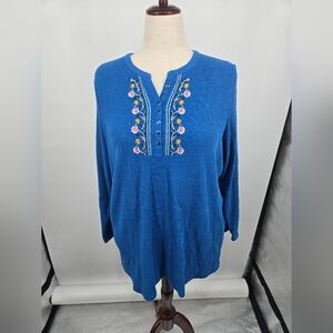 Woman Within Blue LS Embroidered Henley 1X (22/24) 6541